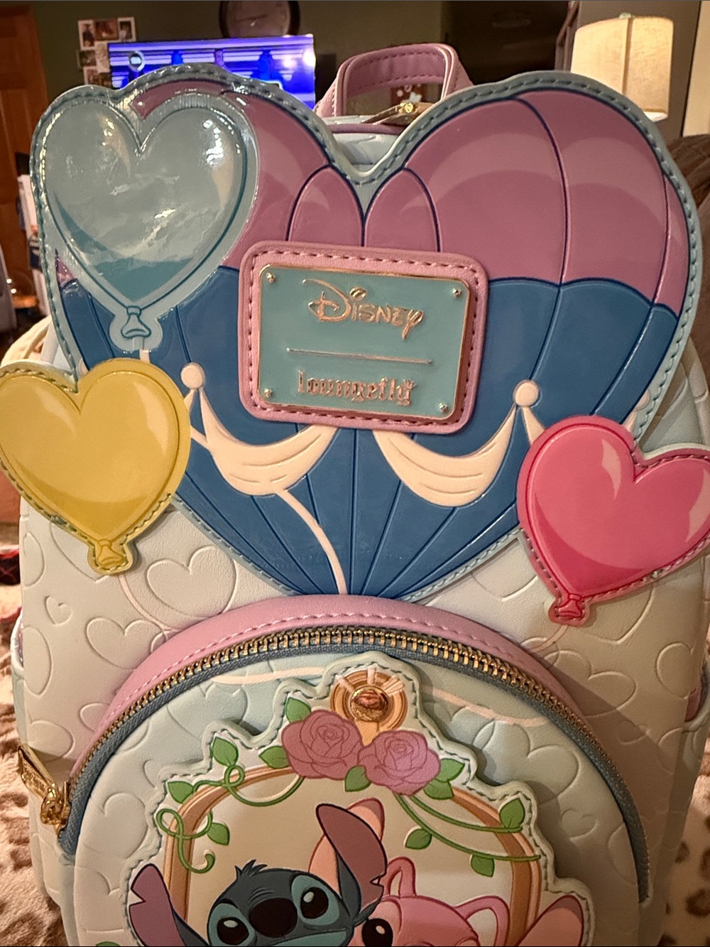 Loungefly Blue Pink & Cream Stitch and Angel Heart Balloon Mini Backpack - Picture 2 of 6